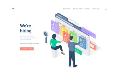 İzometrik vektör illüstrasyonuna devam eden insan kaynakları uzmanları.