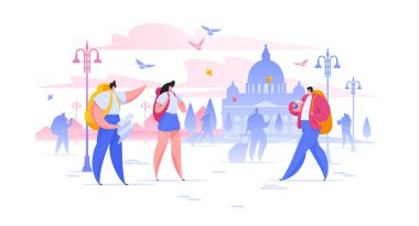 Avrupalı şehir karikatür karakterlerinde bagajları olan tatil gezisi düz vektör çizimi erkek ve kadın.