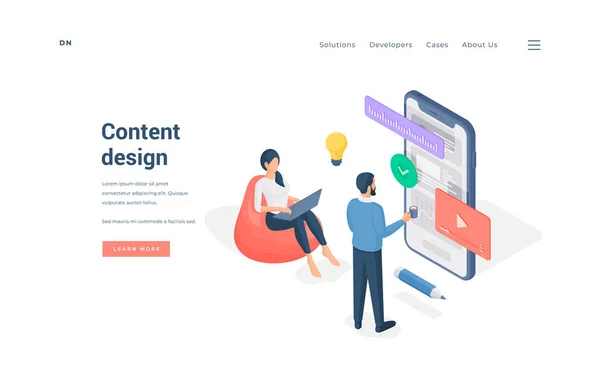 Personnes travaillant avec la conception de contenu illustration vectorielle isométrique — Image vectorielle