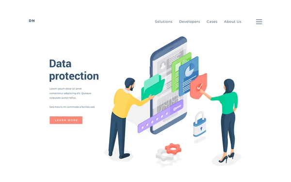 Lidé používající chráněnou složku pro prohlížení datového muže, zatímco žena kontroluje soubory na izometrických vektorových ilustracích smartphonu — Stockový vektor