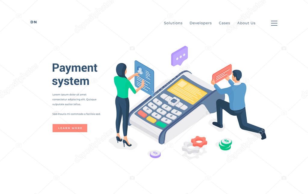 People using modern payment system isometric vector illustration.