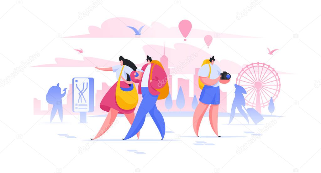 Tourists exploring foreign country flat vector illustration