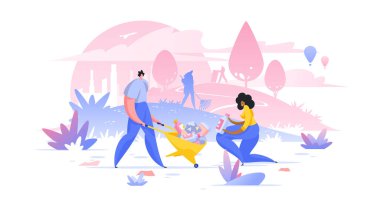 Gönüllü hizmet çalışanları vahşi doğa düz vektör çizimlerini temizliyor