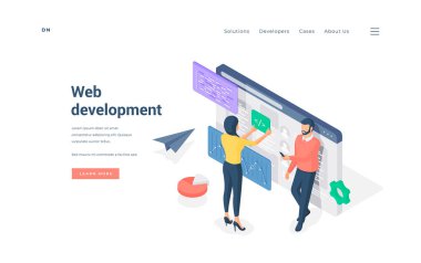 Birlikte izometrik vektör illüstrasyonunu geliştiren programcılar.