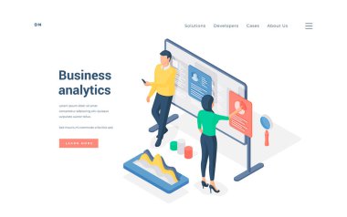 Veri izometrik vektör çizimi üzerinde çalışan iş analistleri.