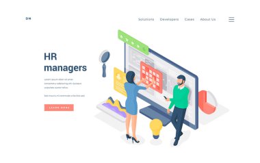 Veri izometrik vektör illüstrasyonuyla çalışan uzman yöneticiler.