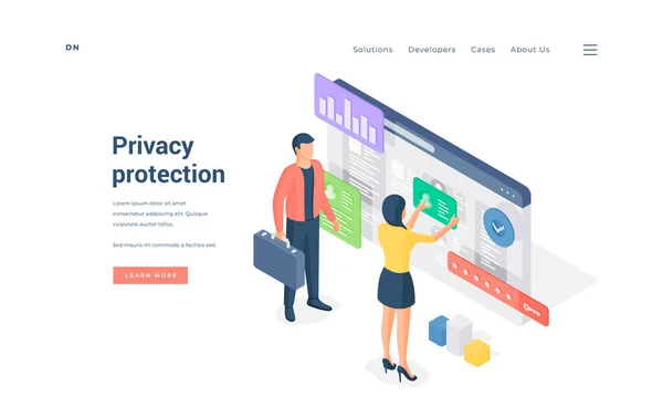Banner της ιστοσελίδας προστασίας προσωπικών δεδομένων ισομετρική διανυσματική απεικόνιση. — Διανυσματικό Αρχείο