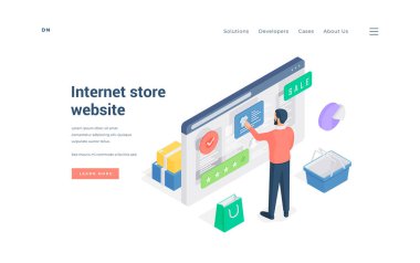 İnternet mağazası web sitesi izometrik vektör illüstrasyonuna bakan adam