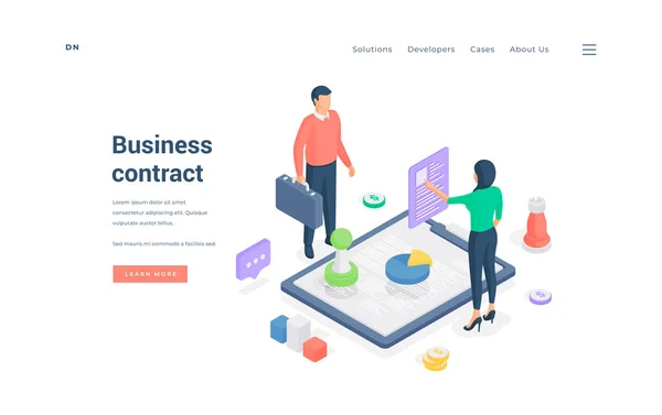 Business people developing contract together isometric vector illustration — ストックベクタ