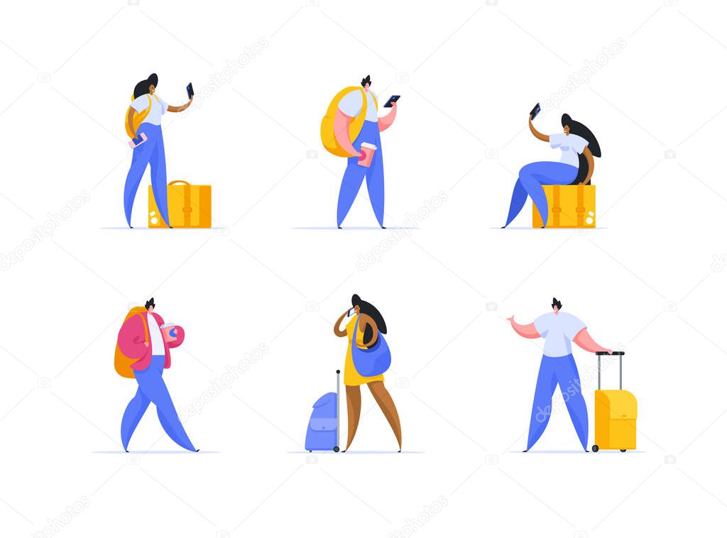 Tourist trip, vacation abroad, travelling flat vector illustrations set