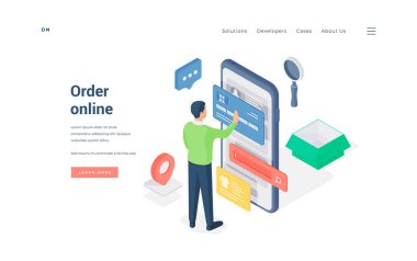 Akıllı telefon izometrik vektör illüstrasyonunda online sipariş veren adam