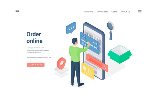 Akıllı telefon izometrik vektör illüstrasyonunda online sipariş veren adam — Stok Vektör