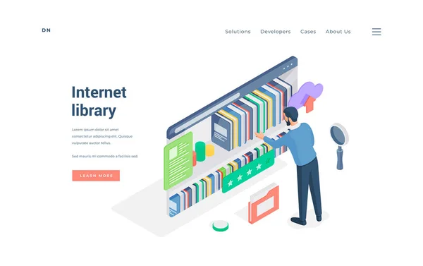 Man using Internet library with good rating isometric vector illustration — 스톡 벡터
