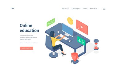 Tablo izometrik vektör illüstrasyonunda çalışan kadın