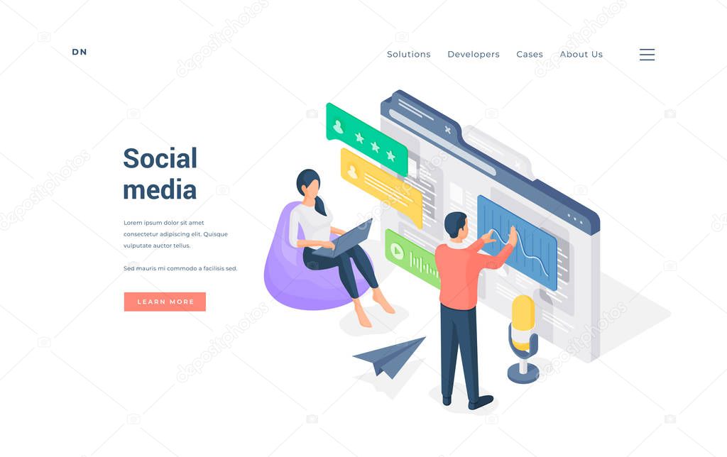 People using modern social media isometric vector illustration