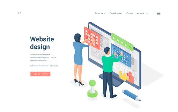 Designers travaillant sur le site UI. Illustration vectorielle isométrique — Image vectorielle