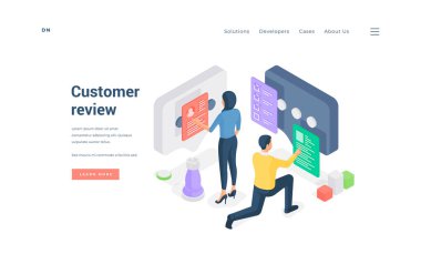 Kadın ve erkek servis eleştirileri okuyorlar. İzometrik vektör illüstrasyonu