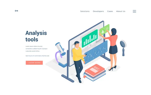 Científicos que utilizan diversas herramientas de análisis. Ilustración isométrica vectorial — Archivo Imágenes Vectoriales