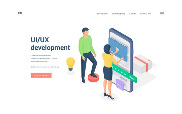 Programcılar Ui uygulamasını birlikte geliştiriyorlar. İzometrik vektör illüstrasyonu — Stok Vektör