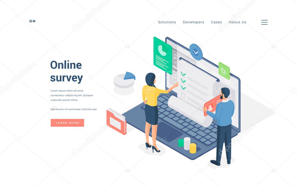 People surveying data in Internet. Isometric vector illustration