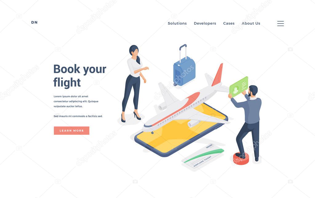 Couple booking airplane flight online. Isometric vector illustration