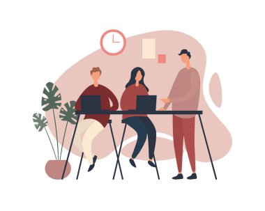 Modern meslektaşlar proje üzerinde birlikte çalışıyorlar. Vektör illüstrasyonu