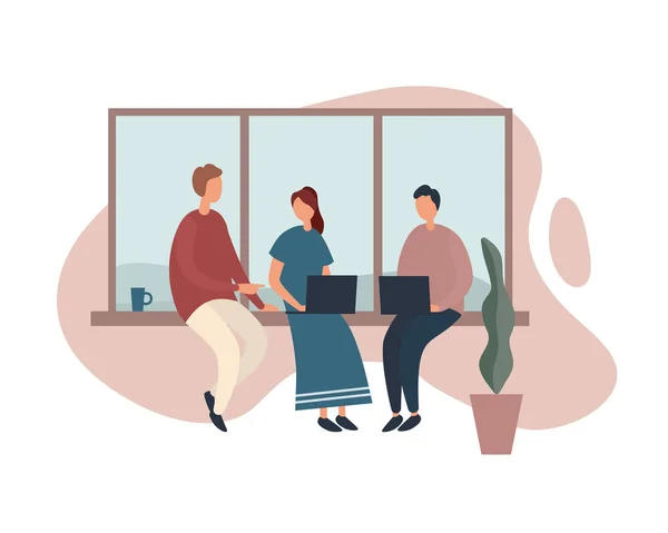 Collèges coworking près de la fenêtre dans le lieu de travail. Illustration vectorielle — Image vectorielle