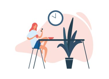Woman using smartphone during breakfast. Flat vector illustration