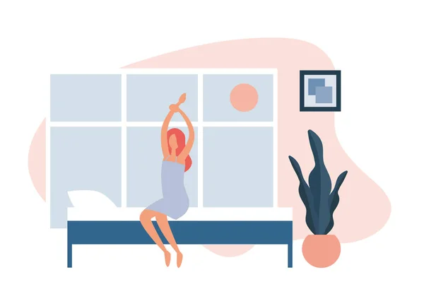 Woman waking up in morning. Flat vector illustration — Stok Vektör