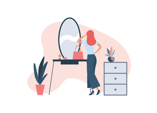 Woman applying makeup at home. Flat vector illustration — Stock vektor