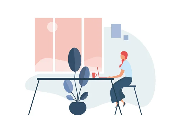 Businesswoman using laptop in office. Flat vector illustration — 图库矢量图片