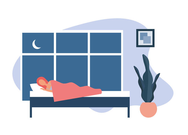 Lady sleeping in bed at home. Flat vector illustration