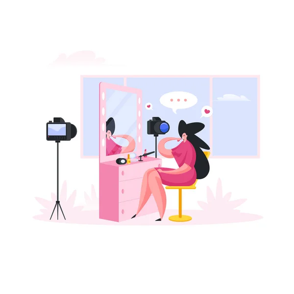 Vrouw die video 's maakt voor beauty blog. Platte cartoon mensen vector illustratie — Stockvector