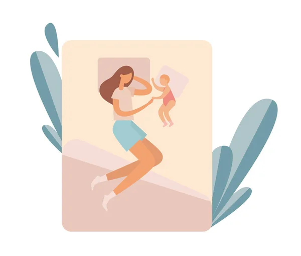 Μητέρα με το μωρό να ξεκουράζεται στο κρεβάτι. Επίπεδη διανυσματική απεικόνιση — Διανυσματικό Αρχείο