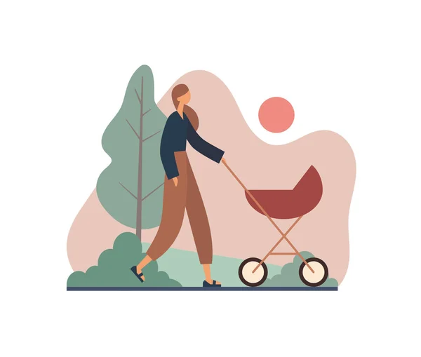 Μητέρα που περπατάει με καροτσάκι κατά τη διάρκεια του ηλιοβασιλέματος. Επίπεδη διανυσματική απεικόνιση — Διανυσματικό Αρχείο