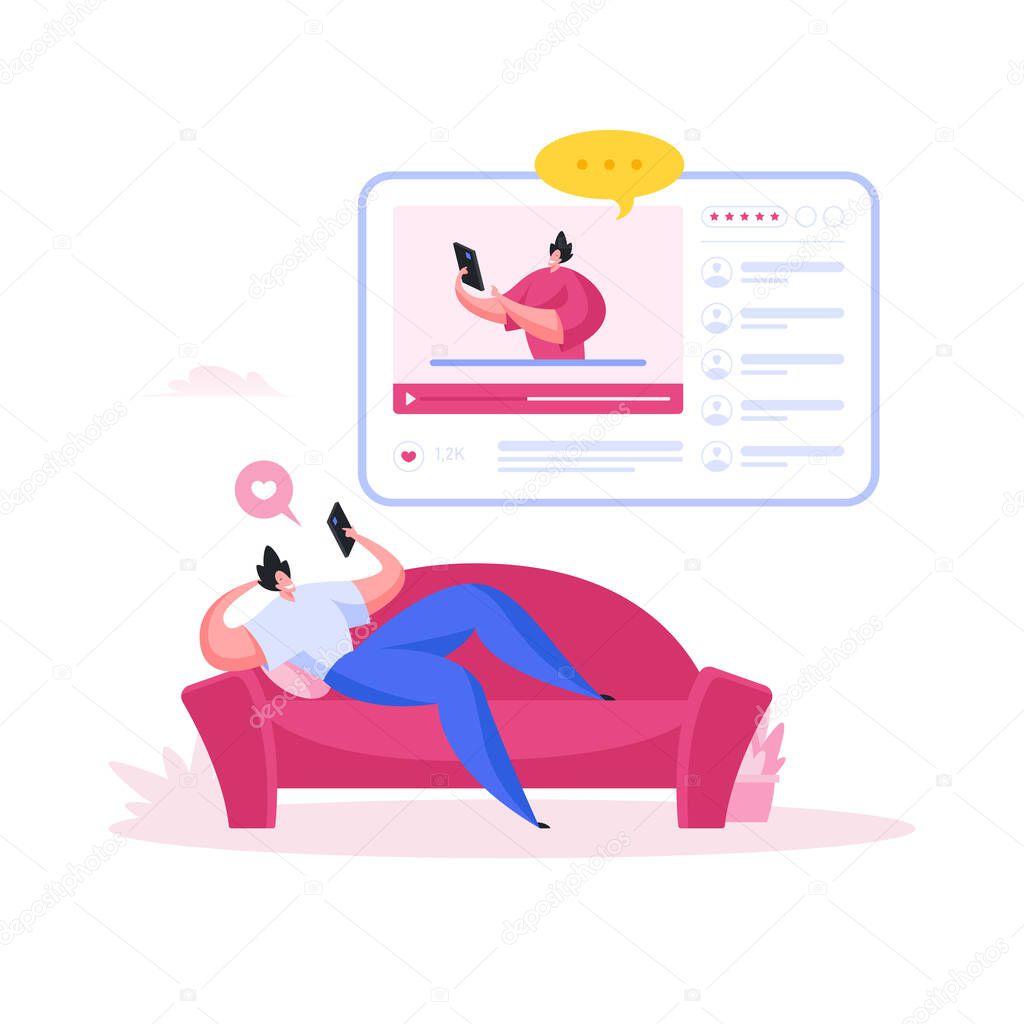 Man watching devices reviews on sofa. Flat cartoon people vector illustration