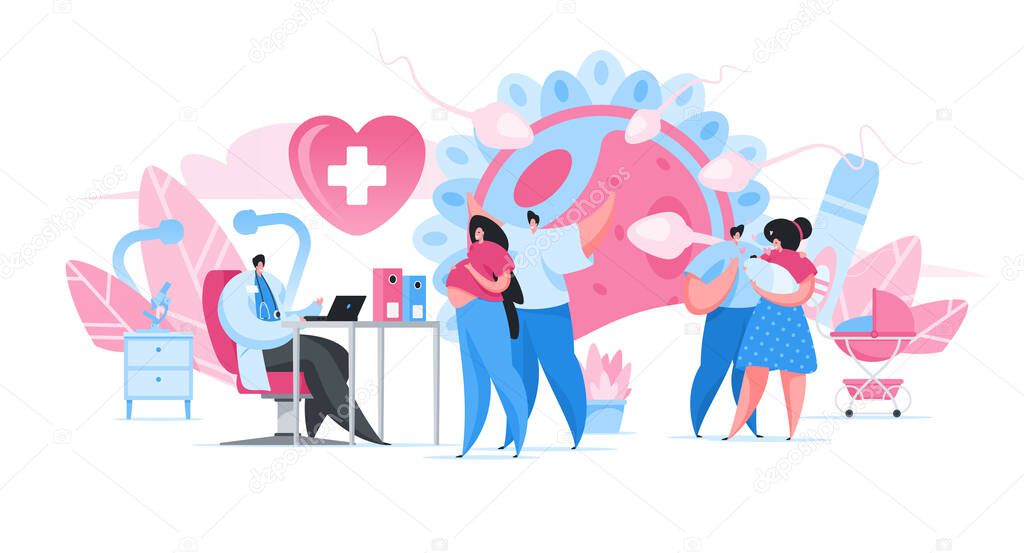 Happy parents visiting doctor in clinic. Flat cartoon people vector illustration