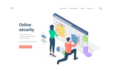 İnsanlar korunan web sitelerine birlikte bakıyorlar. İzometrik vektör illüstrasyonu