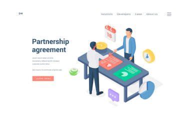 İş adamları toplantı sırasında anlaşmaya varıyorlar. İzometrik vektör illüstrasyonu