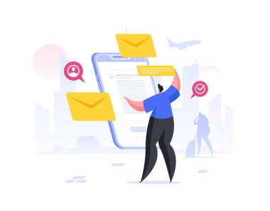 Adam akıllı telefondan e-postaları kontrol ediyor. Düz çizgi film insanları vektör illüstrasyonu