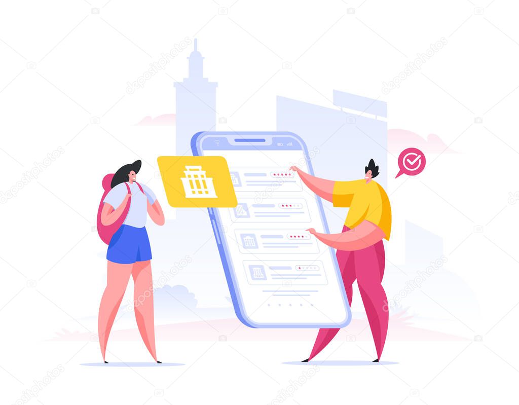 Tourists choosing places to visit in app. Flat cartoon people vector illustration