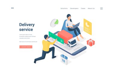 Couple using online delivery service. Isometric vector illustration