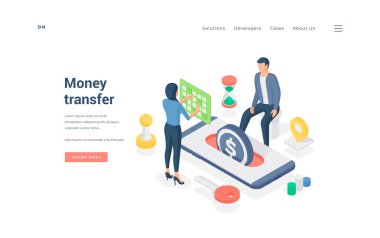 People transferring money through smartphone app. Isometric vector illustration