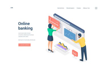 Couple using online banking service. Isometric vector illustration