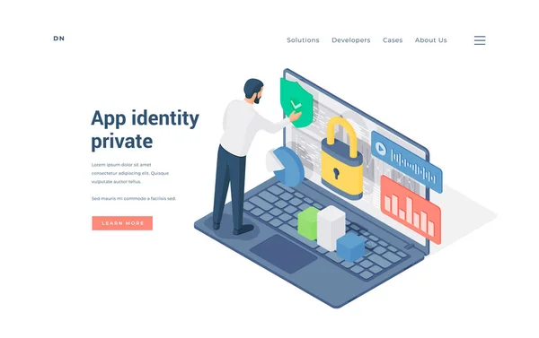 Man using private app on laptop. Isometric vector illustration
