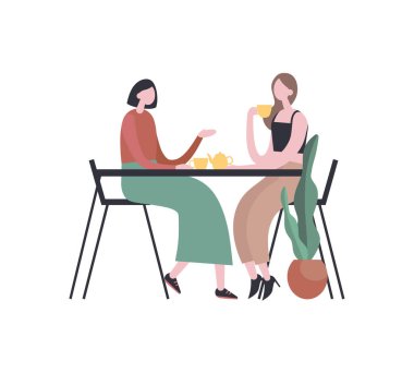 Female friends drinking tea and chatting. Flat vector illustration