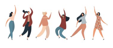 Diverse women dancing in excitement. Flat vector illustration