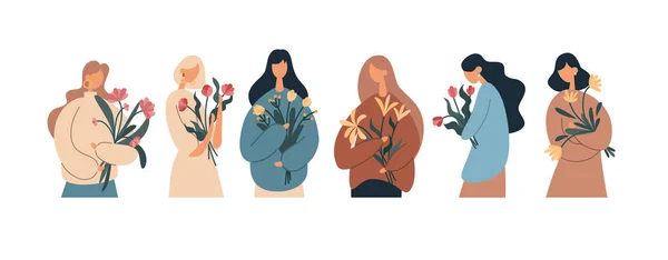 Various women with flower bouquets. Flat vector illustration — Stockvektor