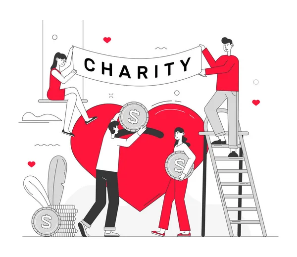 Grupo de voluntarios durante la campaña de caridad. Ilustración vectorial plana, línea de arte — Vector de stock