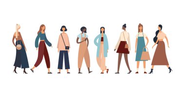 Şık giyinmiş çok ırklı kadınlar. Düz vektör illüstrasyonu